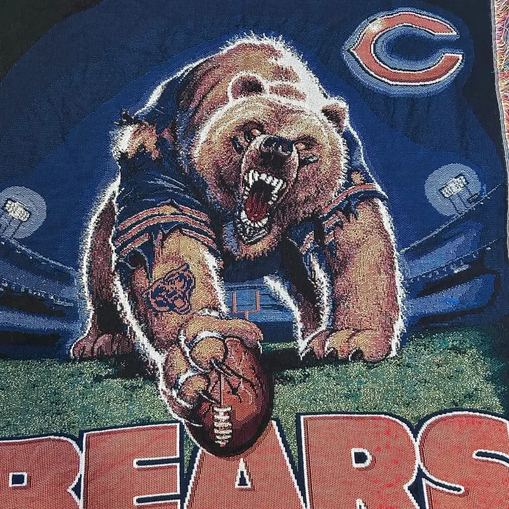 Vintage 90s Chicago Bears NFL Tapestry Fringe Throw Blanket 43x58 Americana